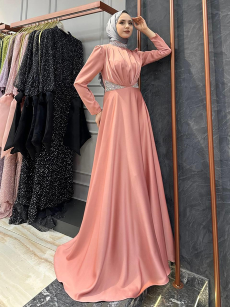 Yakası Ve Beli Taşlı Saten Abiye Somon