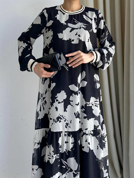 Yapraklı Şifon Elbise Siyah/Beyaz