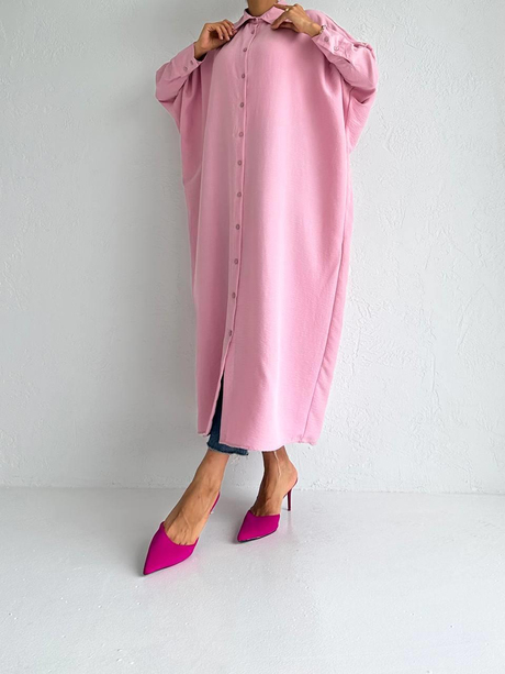 Yarasa Düğmeli Elbise Pembe