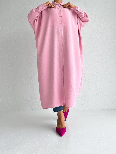 Yarasa Düğmeli Elbise Pembe
