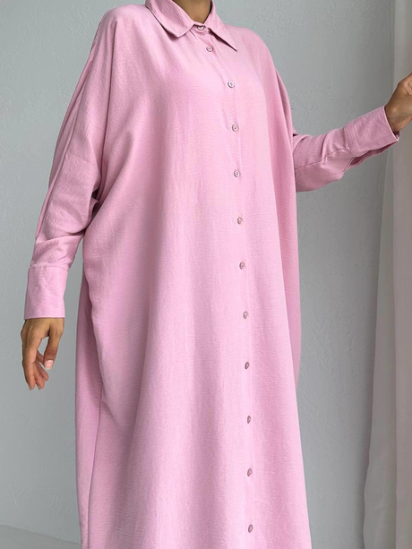 Yarasa Düğmeli Elbise Pembe