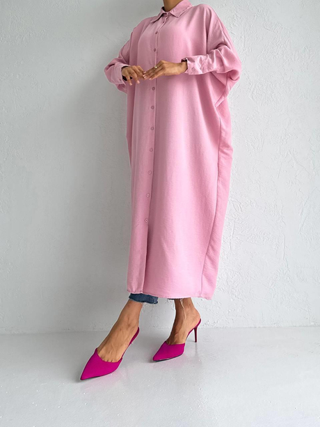Yarasa Düğmeli Elbise Pembe