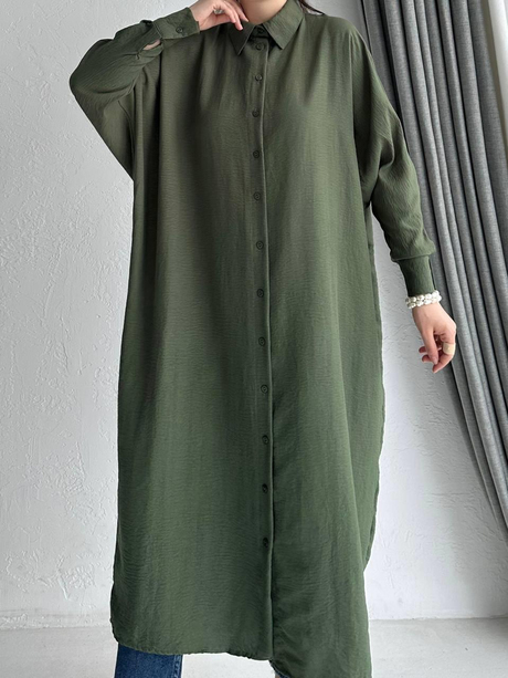 Yarasa Düğmeli Elbise Yeşil