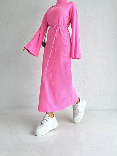 Yarım Boğazlı Triko Elbise Pembe