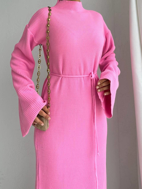 Yarım Boğazlı Triko Elbise Pembe