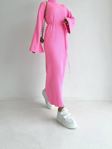 Yarım Boğazlı Triko Elbise Pembe