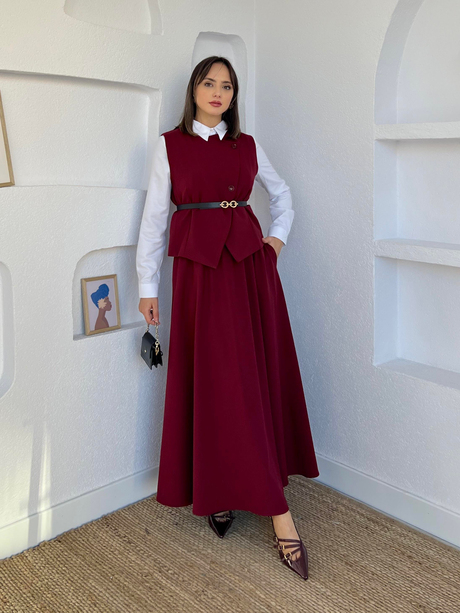 Yelekli Etekli Takım Bordo