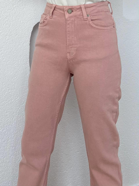 Yüksek Bel Mom Pantolon Pudra