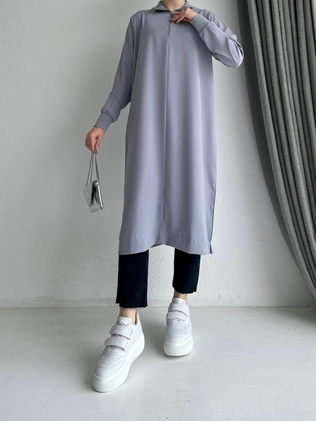 Yüksek Yaka Fermuarlı Tunik Gri
