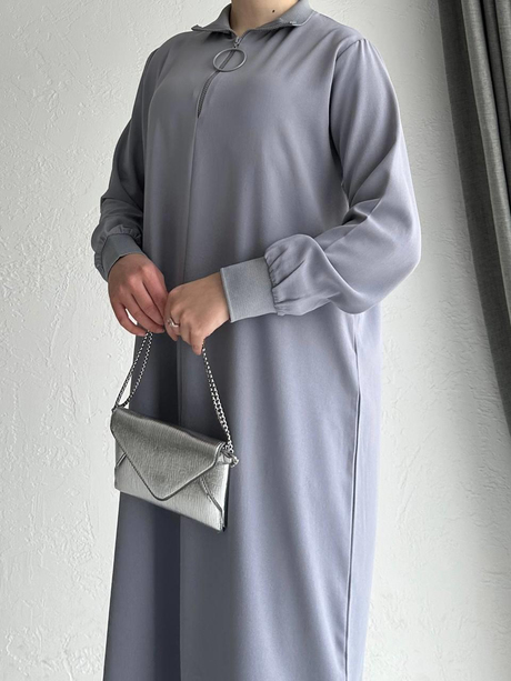 Yüksek Yaka Fermuarlı Tunik Gri
