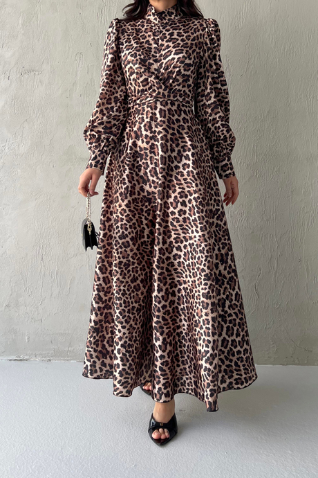 MODA ALA Zara Desenli Saten Elbise Kahverengi | Şık ve Zarif Tesettür ElbiseZara Desenli Saten Elbise Kahverengi