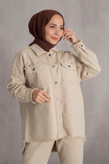Zımba Detaylı Denim Takım - Taş