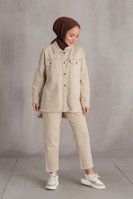 Zımba Detaylı Denim Takım - Taş