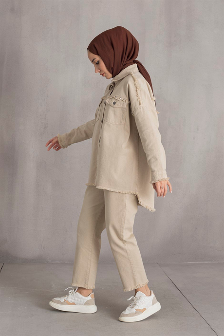 Zımba Detaylı Denim Takım - Taş