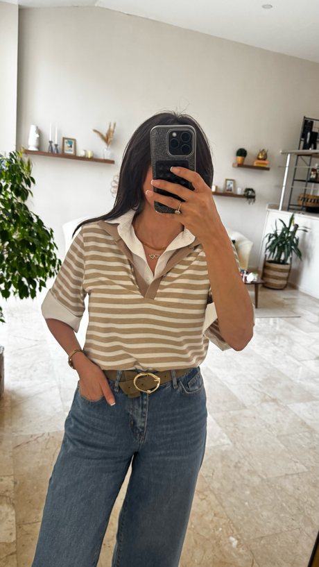 Bej Çizgili Poplin Detay Polo Yaka Modal Bluz