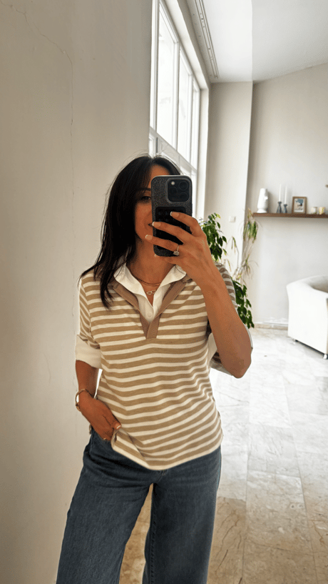 Bej Çizgili Poplin Detay Polo Yaka Modal Bluz