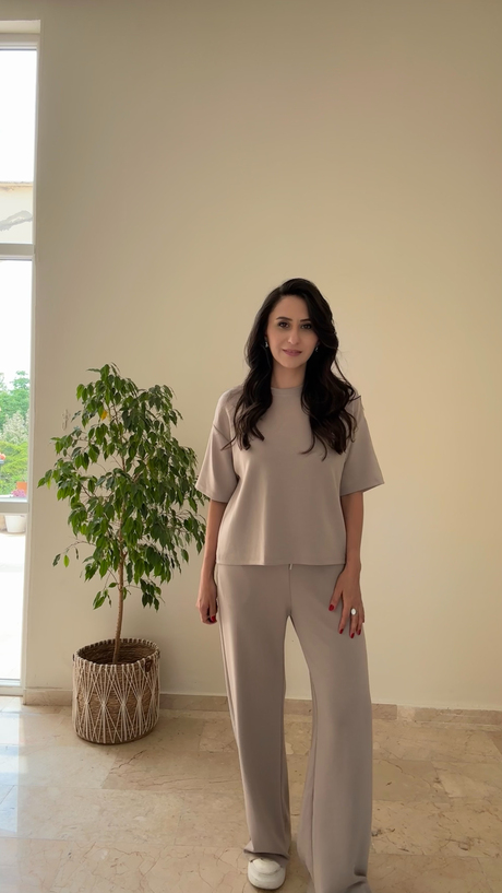 Bisiklet Yaka Kısa Kol Modal Takım Bej