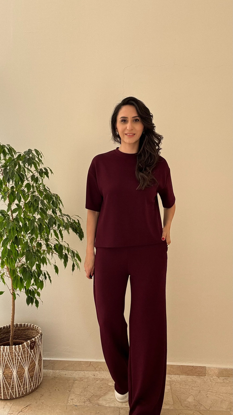 Bisiklet Yaka Kısa Kol Modal Takım Bordo
