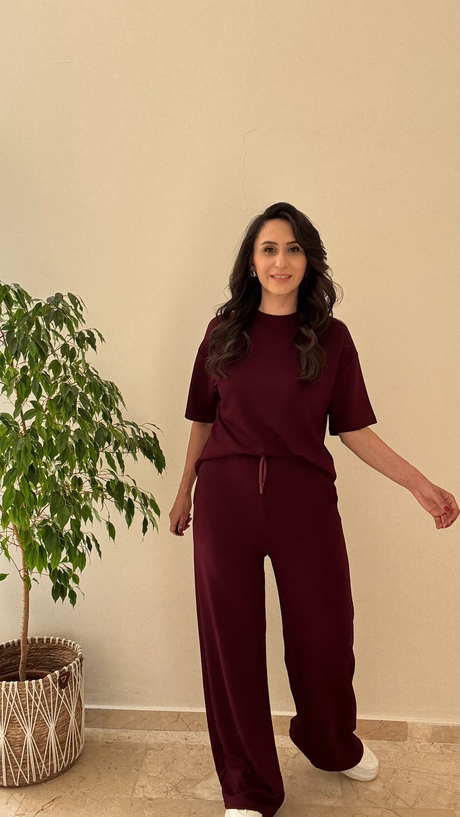 Bisiklet Yaka Kısa Kol Modal Takım Bordo