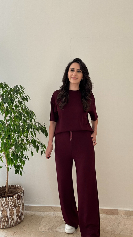 Bisiklet Yaka Kısa Kol Modal Takım Bordo
