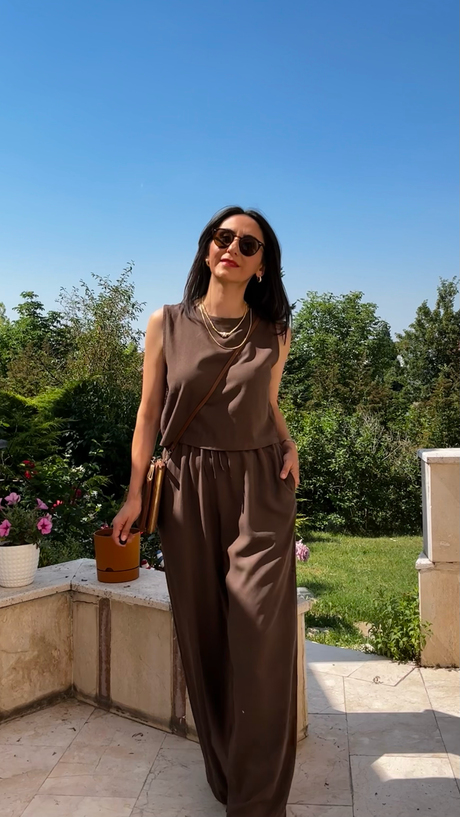 Kahve Keten Bluz Pantolon Takım