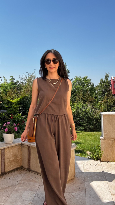 Kahve Keten Bluz Pantolon Takım
