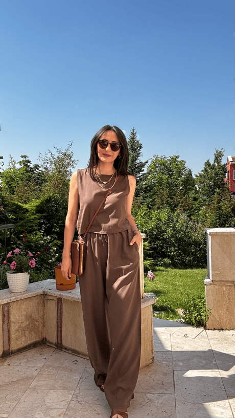 Kahve Keten Bluz Pantolon Takım