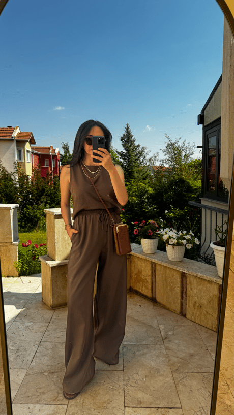 Kahve Keten Bluz Pantolon Takım