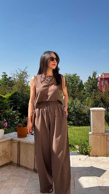 Kahve Keten Bluz Pantolon Takım