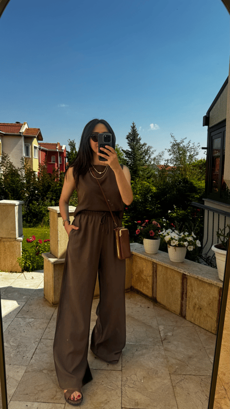 Kahve Keten Bluz Pantolon Takım