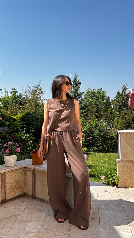 Kahve Keten Bluz Pantolon Takım