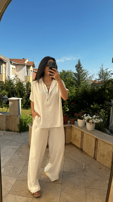 Keten Bluz Pantolon Takım  Beyaz