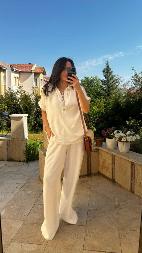 Keten Bluz Pantolon Takım  Beyaz