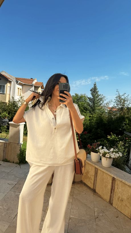 Keten Bluz Pantolon Takım  Beyaz