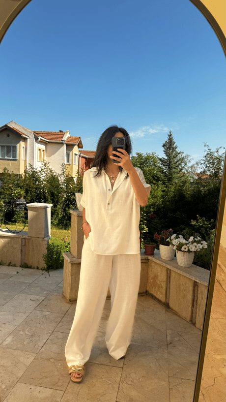 Keten Bluz Pantolon Takım  Beyaz