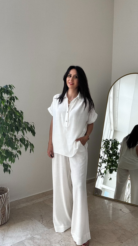 Keten Bluz Pantolon Takım  Beyaz