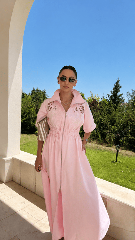 Pembe Fistolu Fermuarlı Elbise