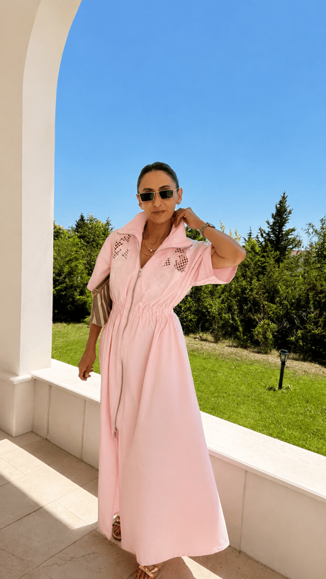Pembe Fistolu Fermuarlı Elbise