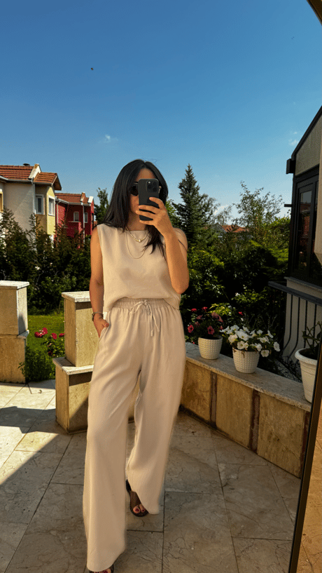 Taş Rengi Keten Bluz Pantalon Takım  