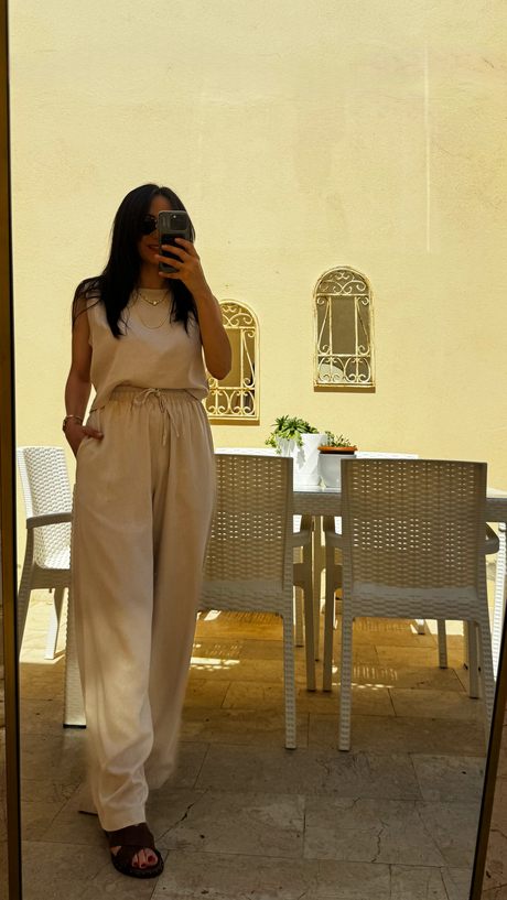 Taş Rengi Keten Bluz Pantalon Takım  