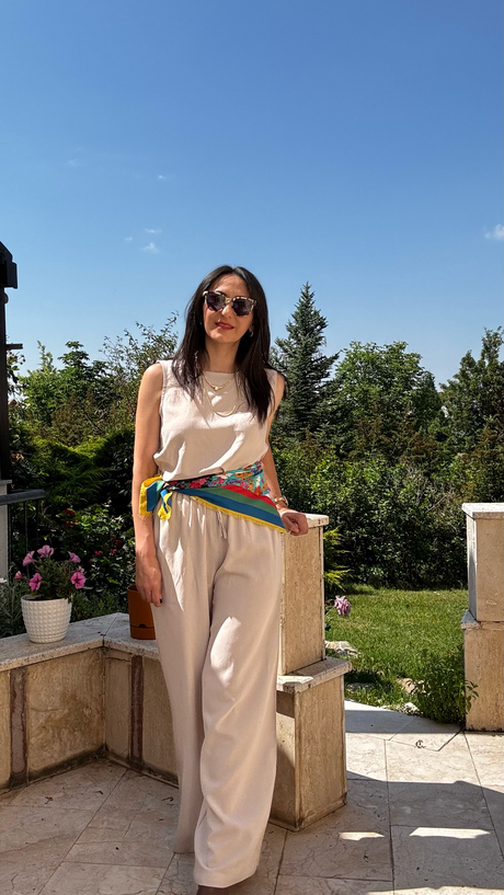Taş Rengi Keten Bluz Pantalon Takım  