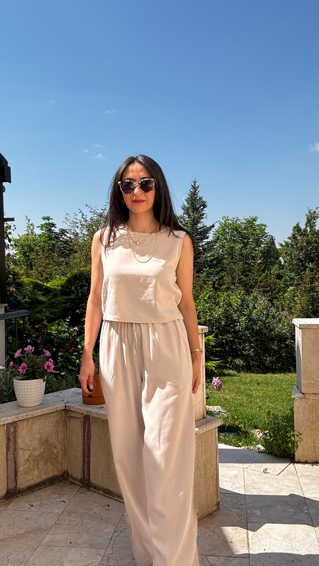Taş Rengi Keten Bluz Pantalon Takım  