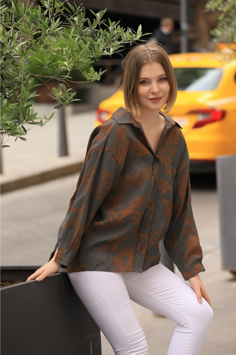 Kadın Antrasit Taba Desenli Oversize Gömlek