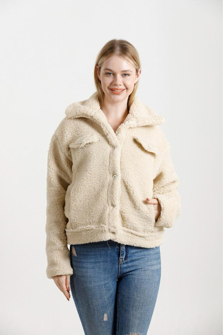 Kadın Bej Çift Cepli Astarlı Oversize Peluş Welsoft Mont