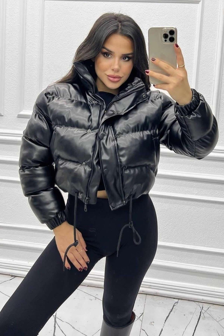 Kadın Deri Crop Şişme Mont