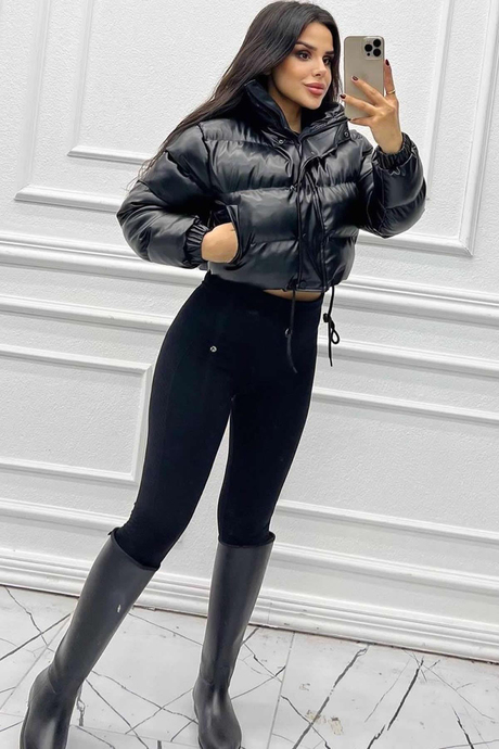 Kadın Deri Crop Şişme Mont