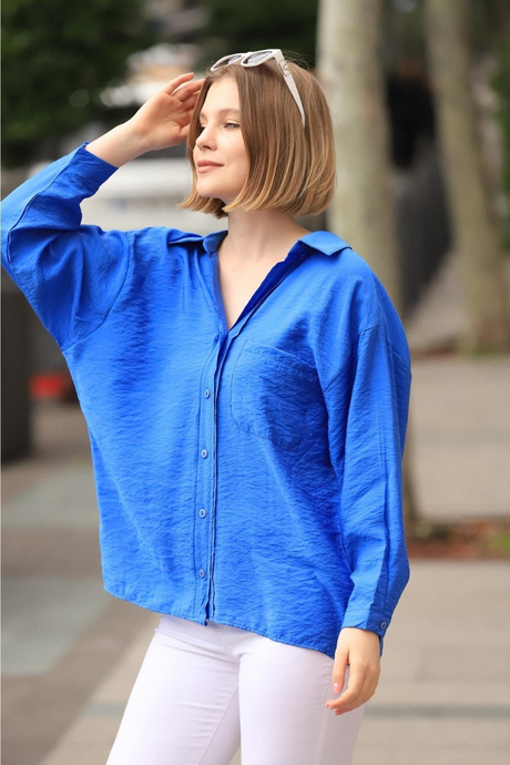 Kadın Koyu Mavi Oversize Gömlek