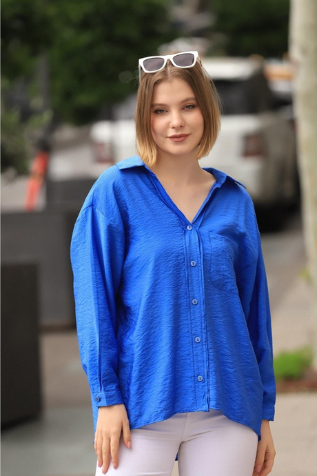 Kadın Koyu Mavi Oversize Gömlek