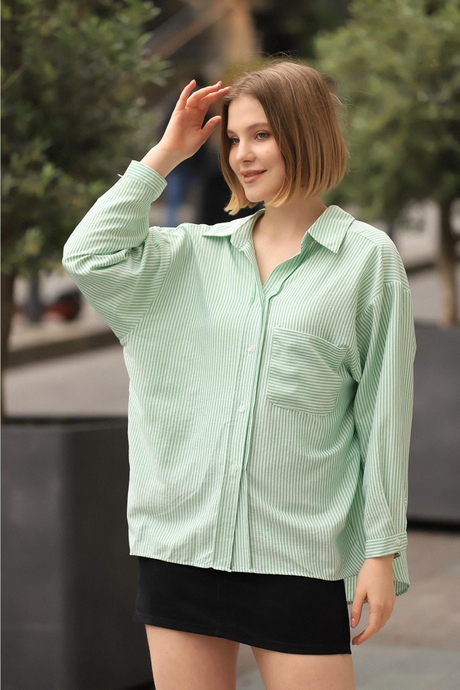 Kadın Yeşil Çizgili Oversize Gömlek