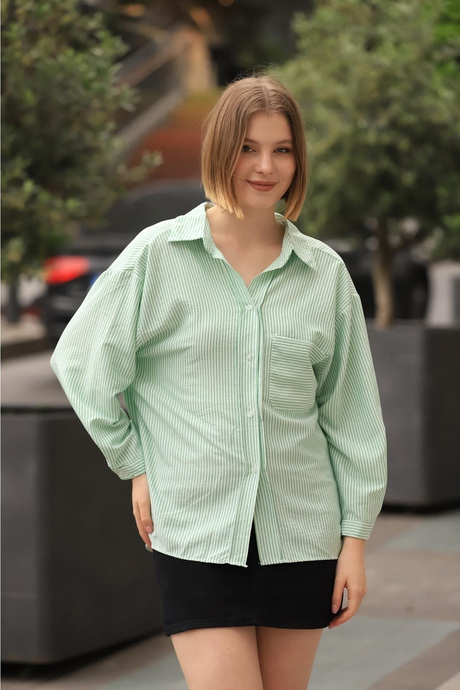 Kadın Yeşil Çizgili Oversize Gömlek